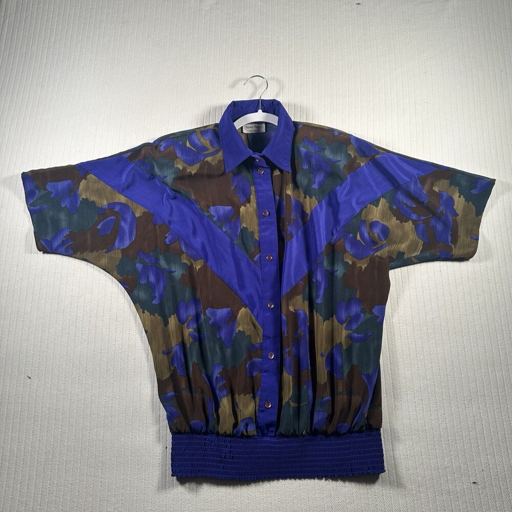 Vintage Three Flaggs California Blouse Size 14 Floral Abstract Blue Purple